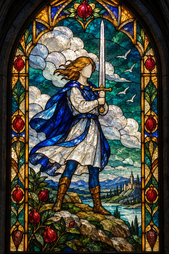 Page of Swords in jewel-colored stained glass with thick black leadwork. · Upright