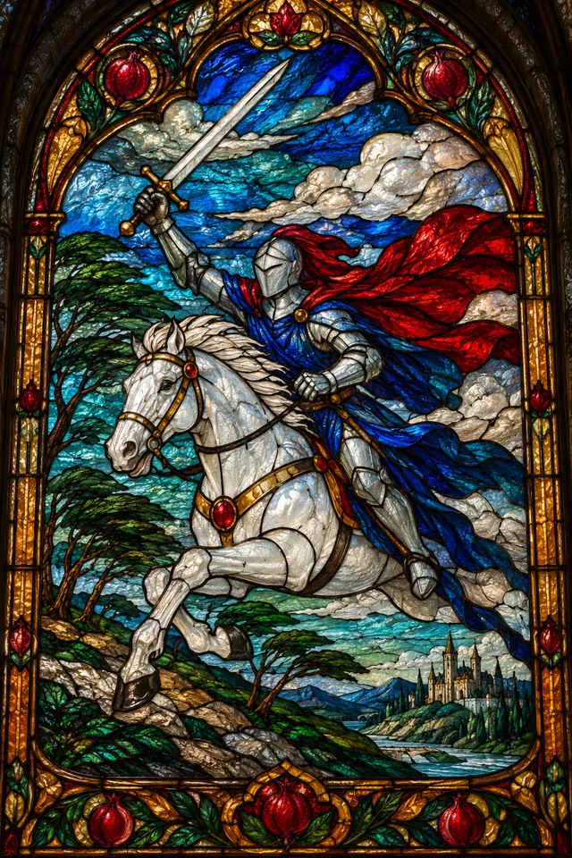 Knight of Swords in jewel-colored stained glass with thick black leadwork. · Upright