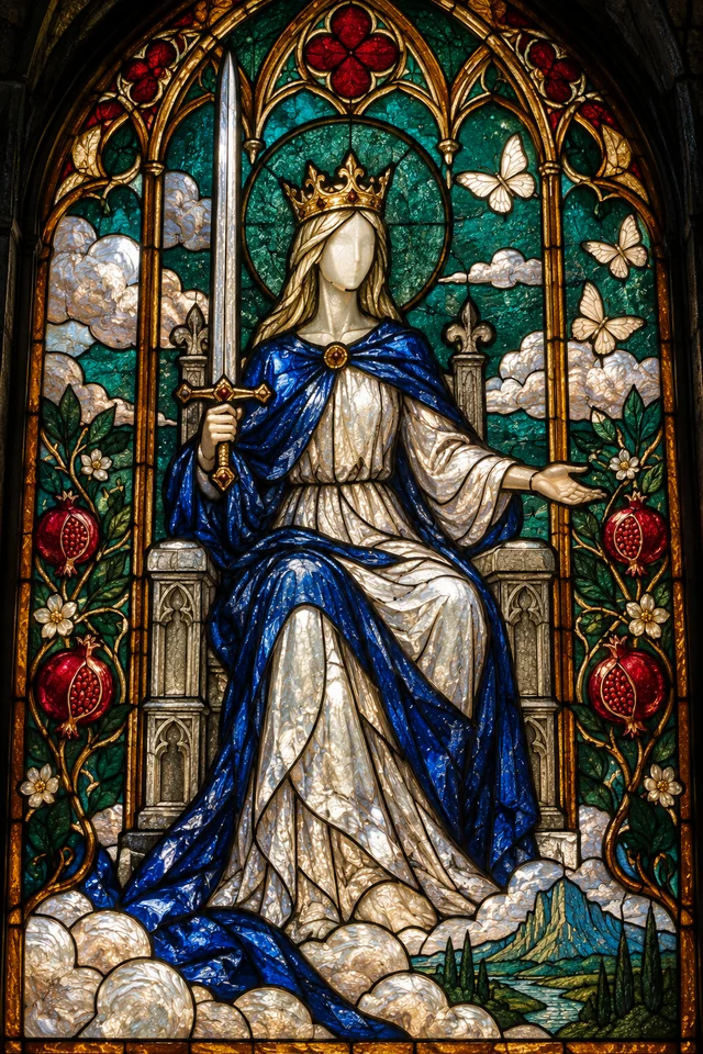 Queen of Swords in jewel-colored stained glass with thick black leadwork. · Upright