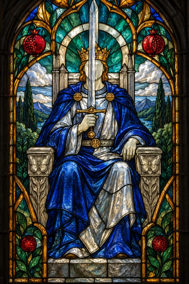 King of Swords in jewel-colored stained glass with thick black leadwork. · Upright