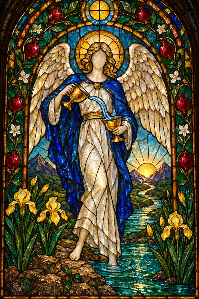 Temperance in jewel-colored stained glass with thick black leadwork. · Upright