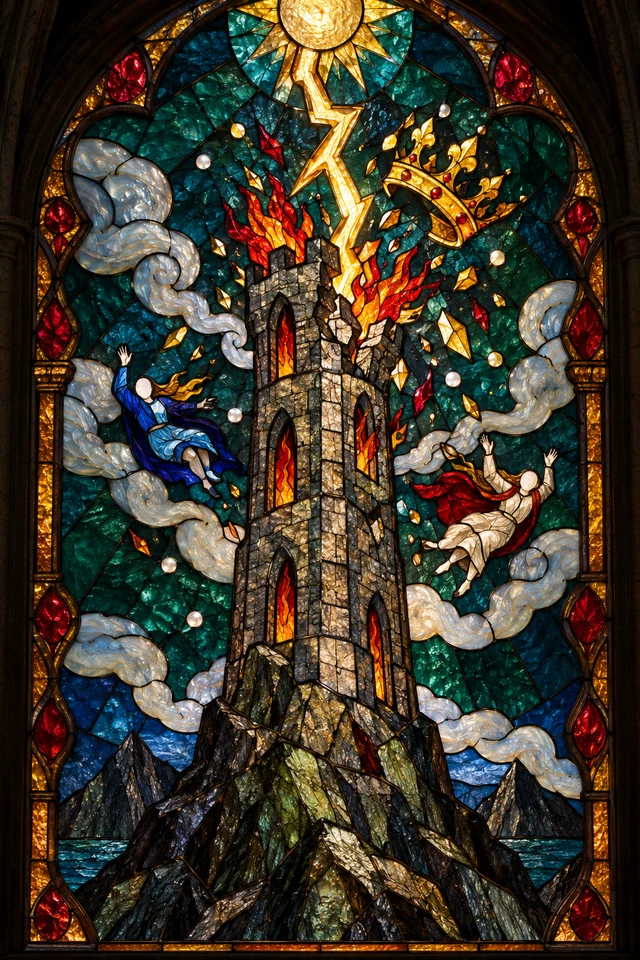 The Tower in jewel-colored stained glass with thick black leadwork. · Upright
