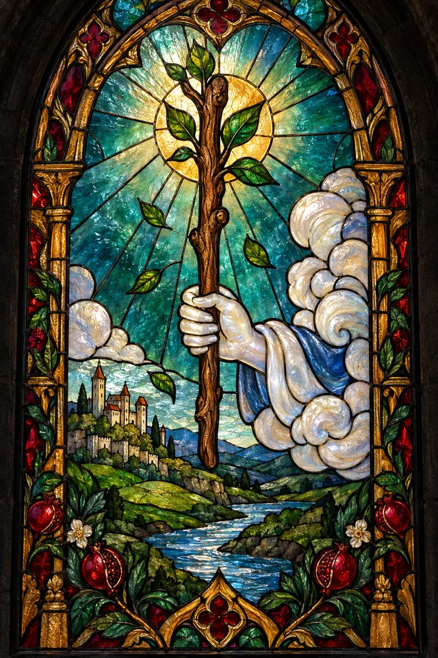 Ace of Wands in jewel-colored stained glass with thick black leadwork. · Upright