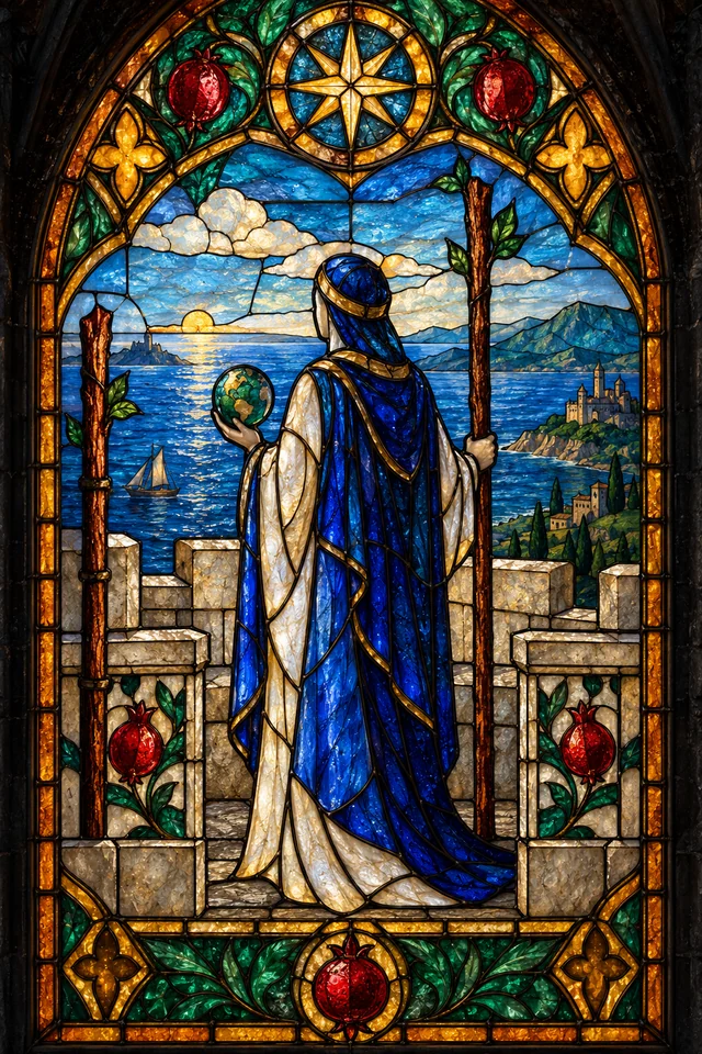 Two of Wands in jewel-colored stained glass with thick black leadwork. · Upright