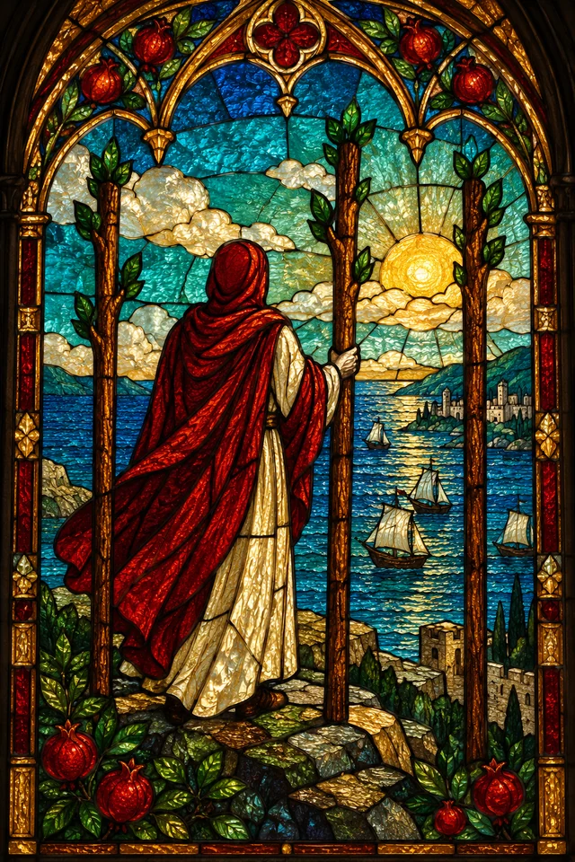Three of Wands in jewel-colored stained glass with thick black leadwork. · Upright