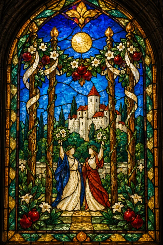 Four of Wands in jewel-colored stained glass with thick black leadwork. · Upright