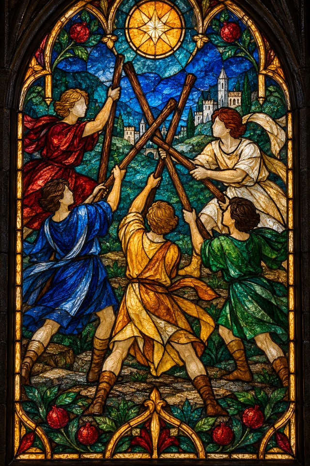 Five of Wands in jewel-colored stained glass with thick black leadwork. · Upright