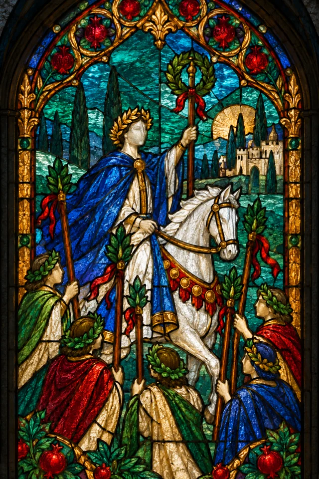Six of Wands in jewel-colored stained glass with thick black leadwork. · Upright