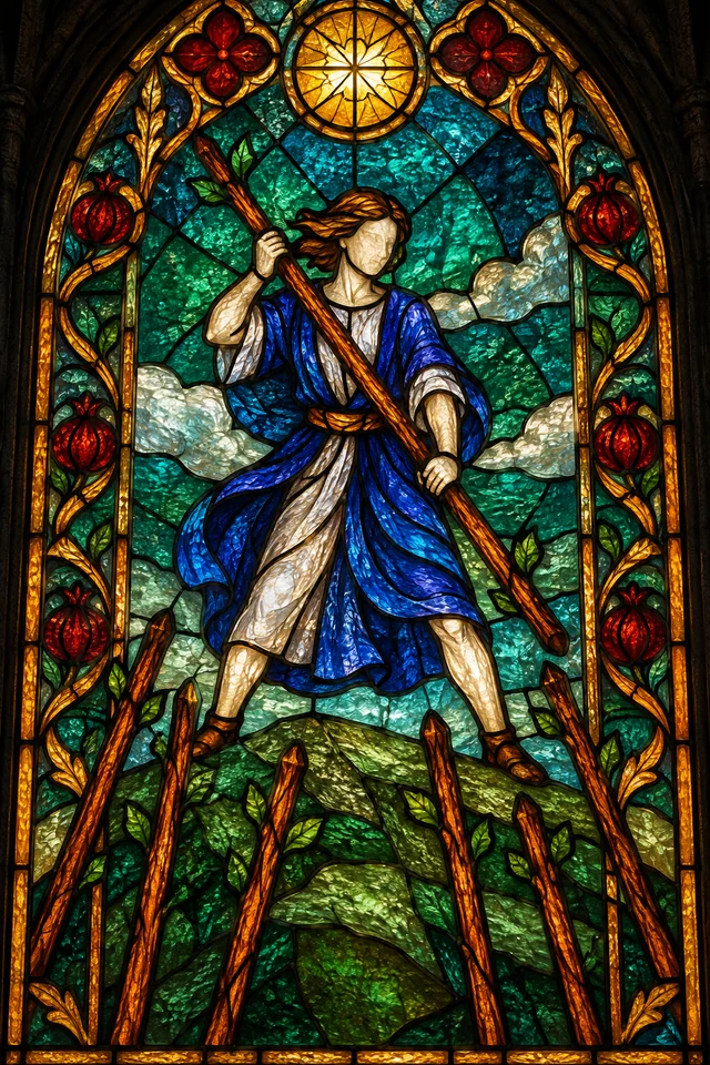Seven of Wands in jewel-colored stained glass with thick black leadwork. · Upright