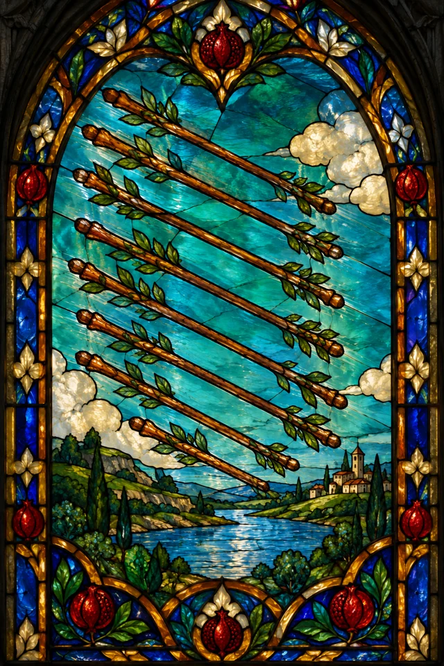 Eight of Wands in jewel-colored stained glass with thick black leadwork. · Upright