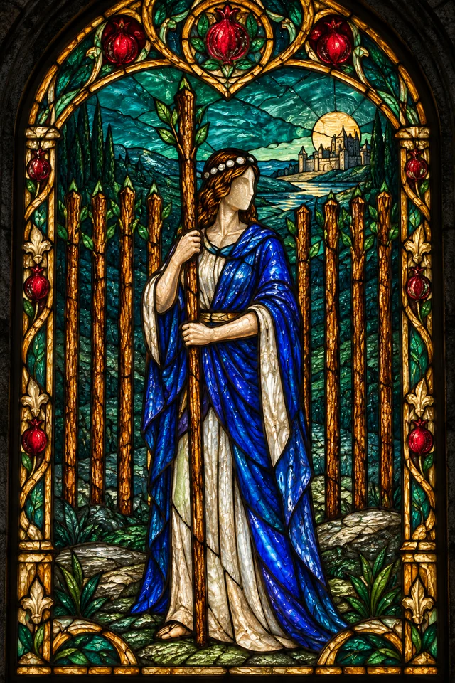 Nine of Wands in jewel-colored stained glass with thick black leadwork. · Upright