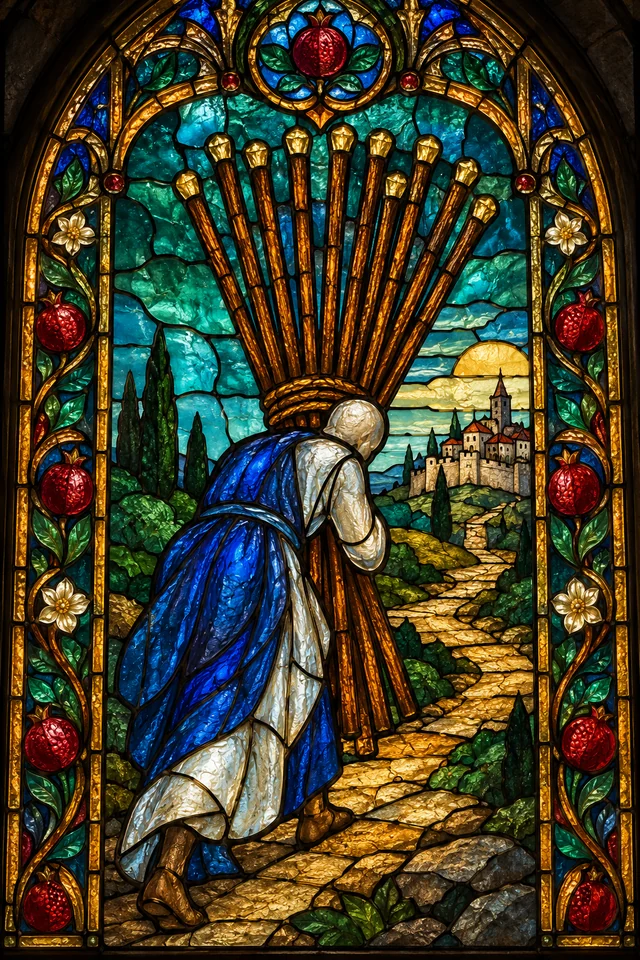 Ten of Wands in jewel-colored stained glass with thick black leadwork. · Upright