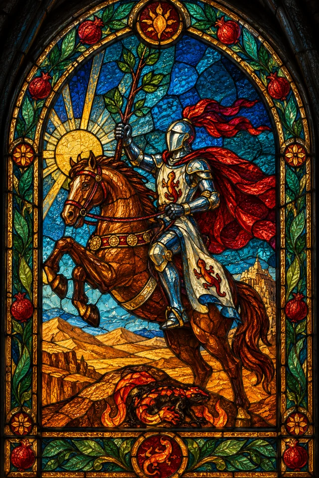 Knight of Wands in jewel-colored stained glass with thick black leadwork. · Upright