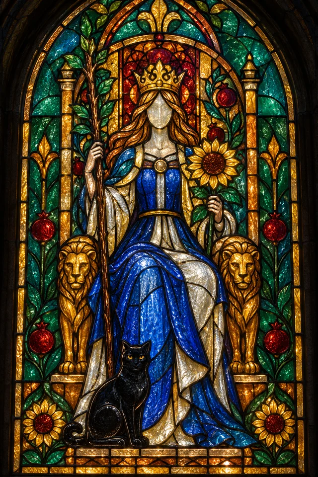Queen of Wands in jewel-colored stained glass with thick black leadwork. · Upright