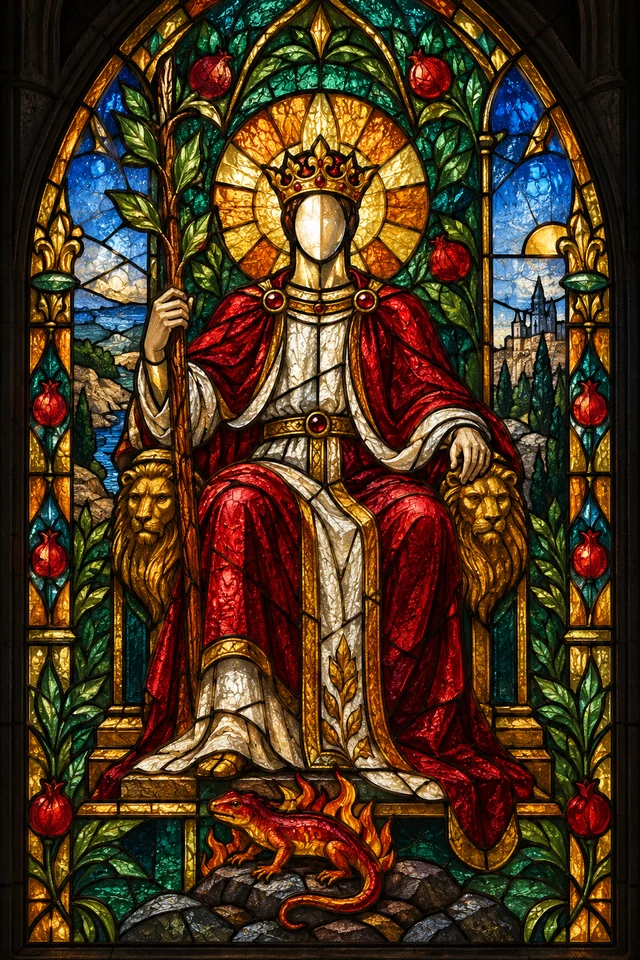 King of Wands in jewel-colored stained glass with thick black leadwork. · Upright