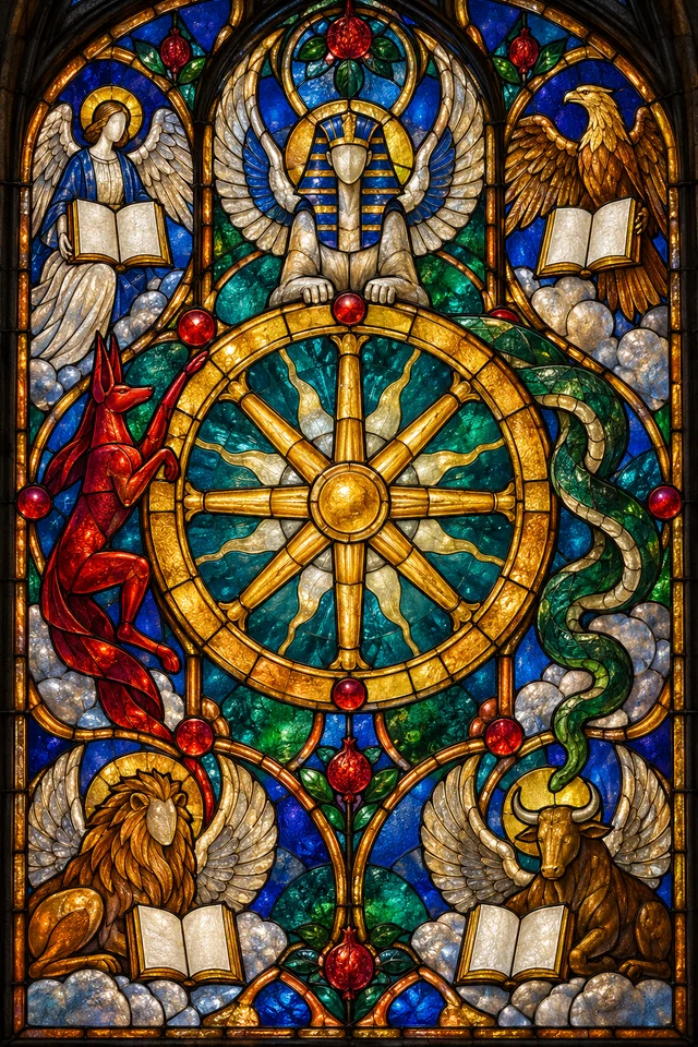 Wheel of Fortune in jewel-colored stained glass with thick black leadwork. · Upright