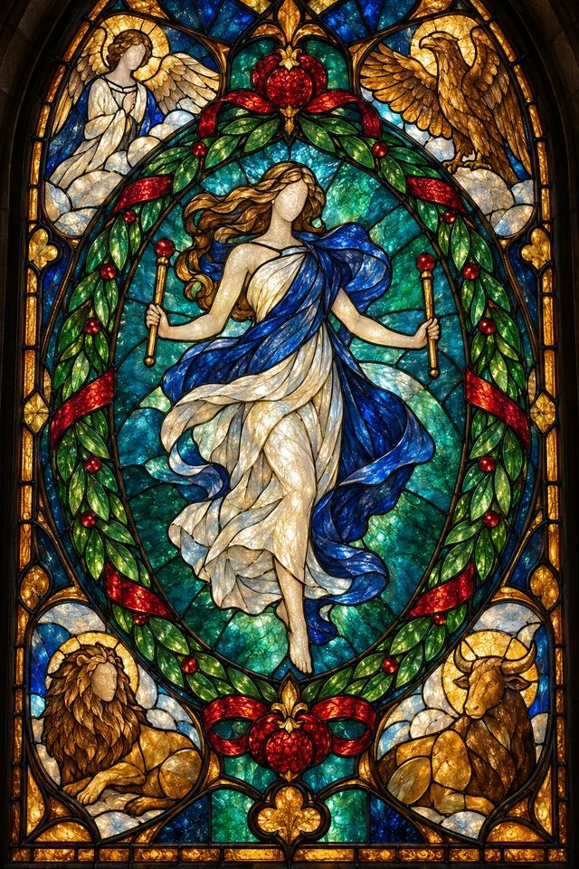 The World in jewel-colored stained glass with thick black leadwork. · Upright