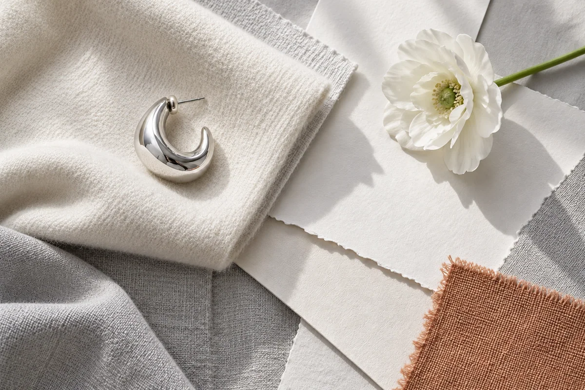 Bodegón de moda con luz natural: pendiente de plata y flor blanca, con un acento textil ocre tierra.