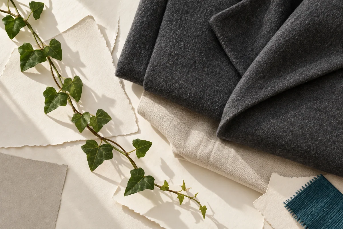 Bodegón de moda con luz natural: prenda exterior color carbón y hiedra, con un acento textil verde azulado profundo.