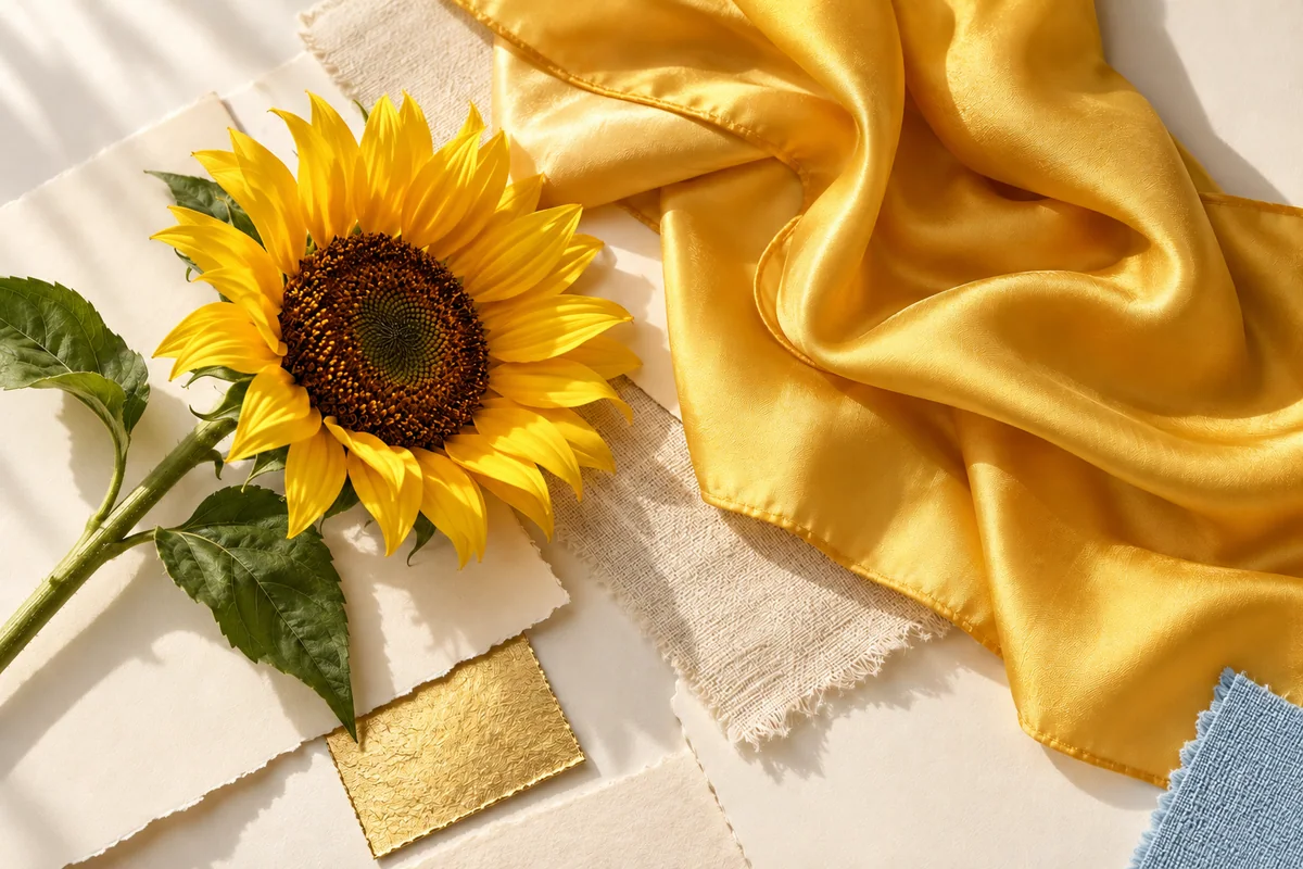 Bodegón de moda con luz natural: bufanda amarilla y girasol, con un acento textil azul hielo.